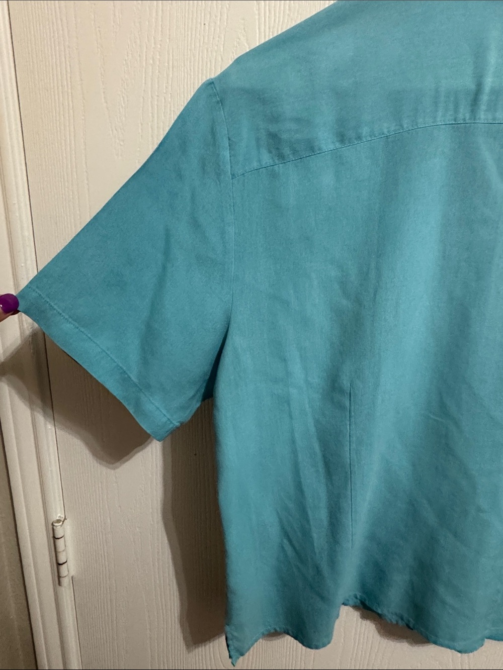 Notations Silk Button Up Turquoise Blue Short Sleeve Notched Collar Women’s Lrg - Picture 8 of 11